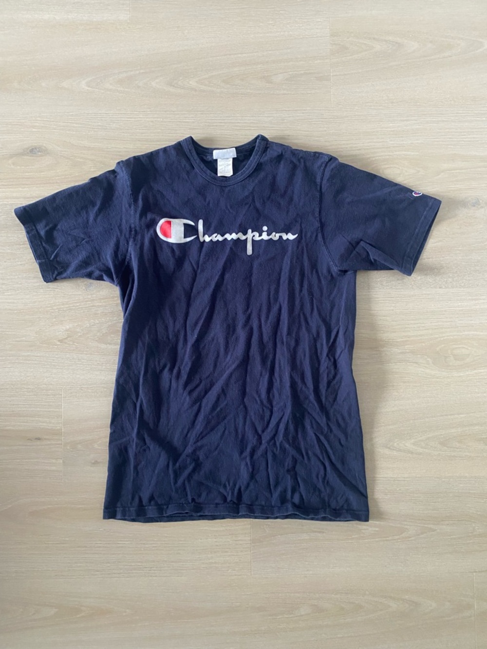 Vintage Men's Champion Navy Blue Logo Tee with Red Accent Size L